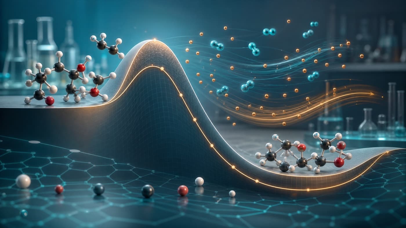 Gibbs free energy concept shown with molecular clusters on an energy curve