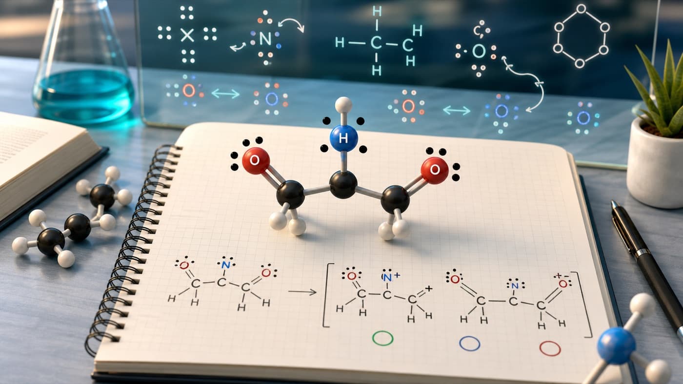 Lewis structure study scene with molecular bonds and valence electron dots