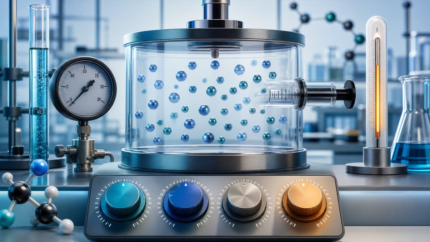 Ideal gas law setup with gas particles, transparent chamber, and lab controls