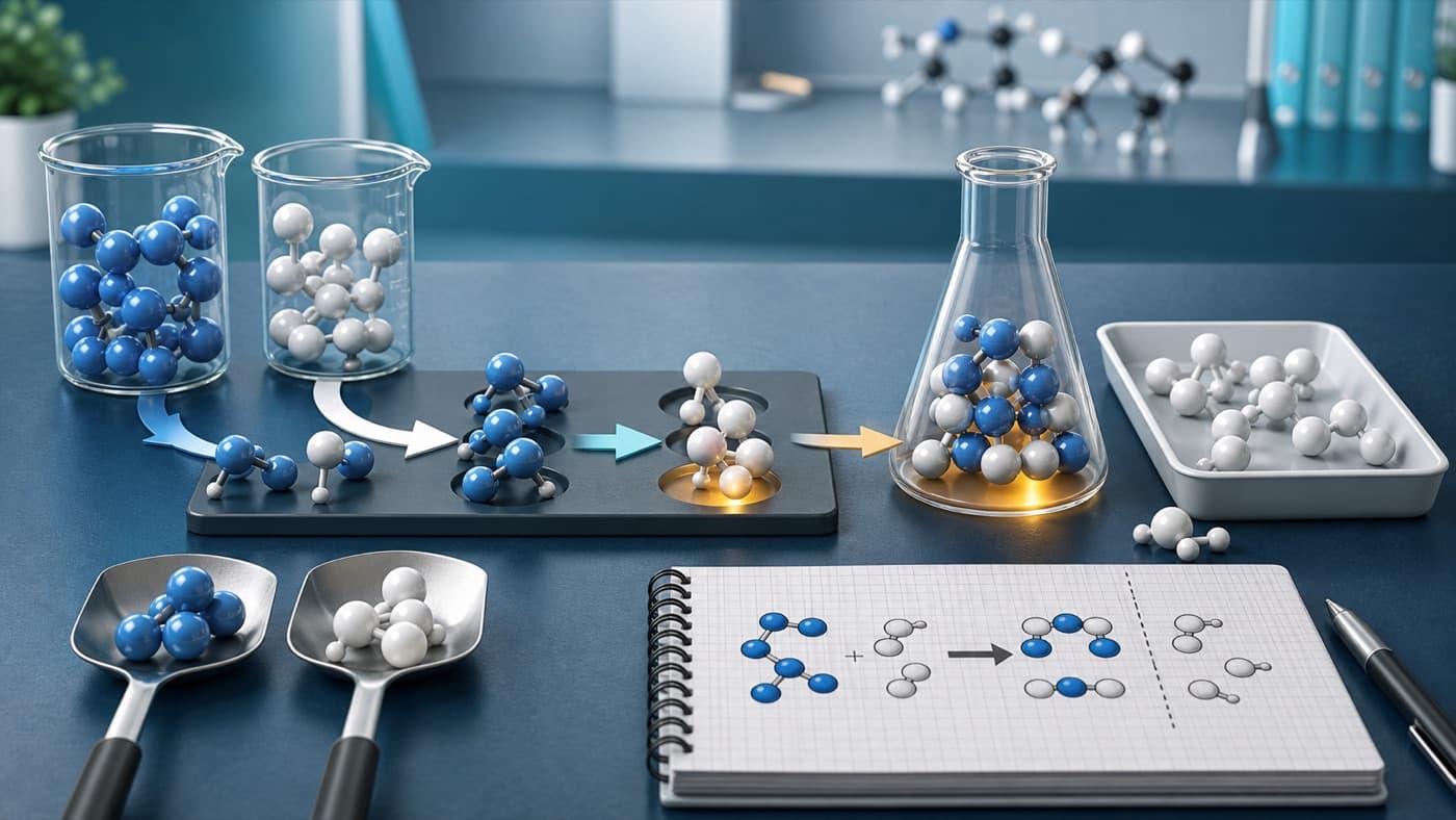 Stoichiometry illustration showing reactants flowing toward product formation