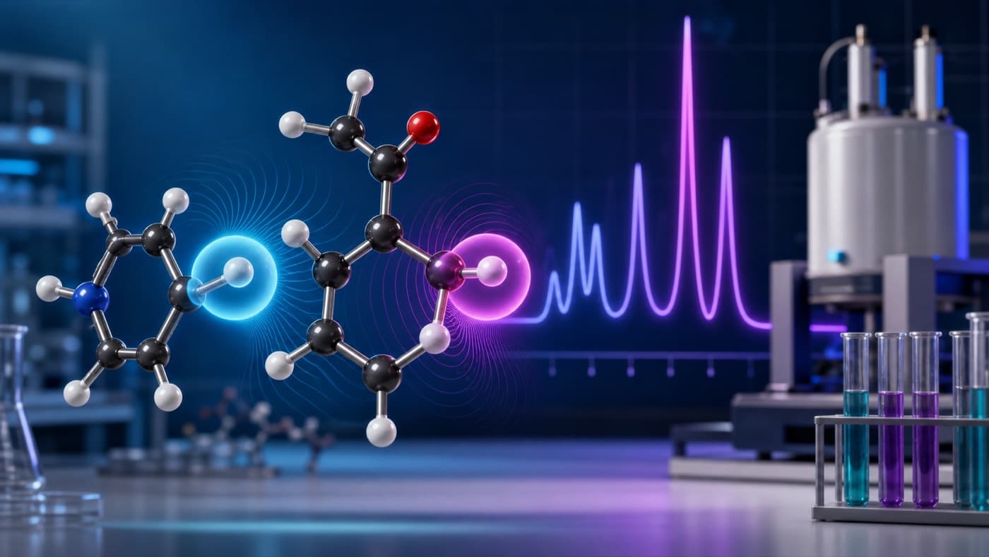 NMR spectroscopy illustration with organic molecule and abstract spectrum peaks