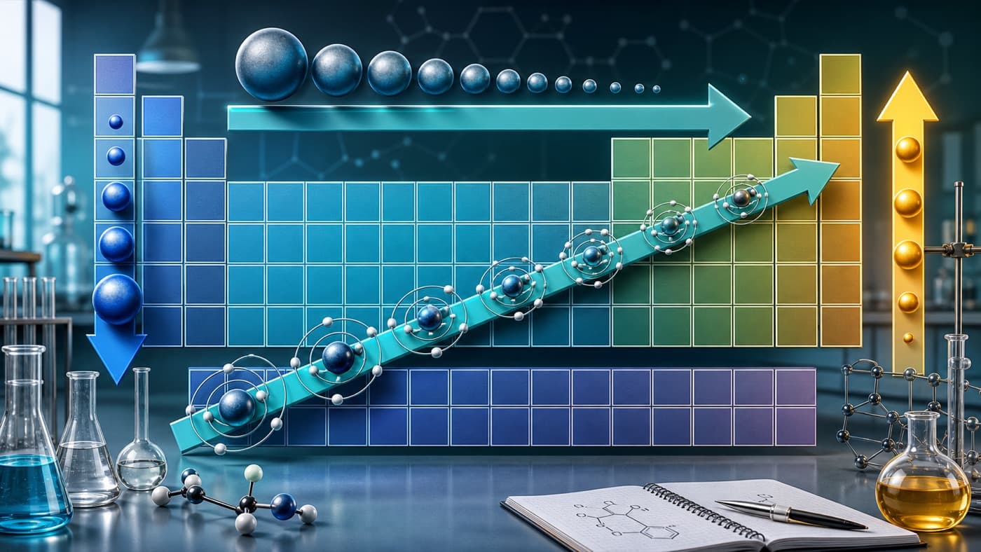 Periodic trends reference illustration with periodic table grid and trend arrows