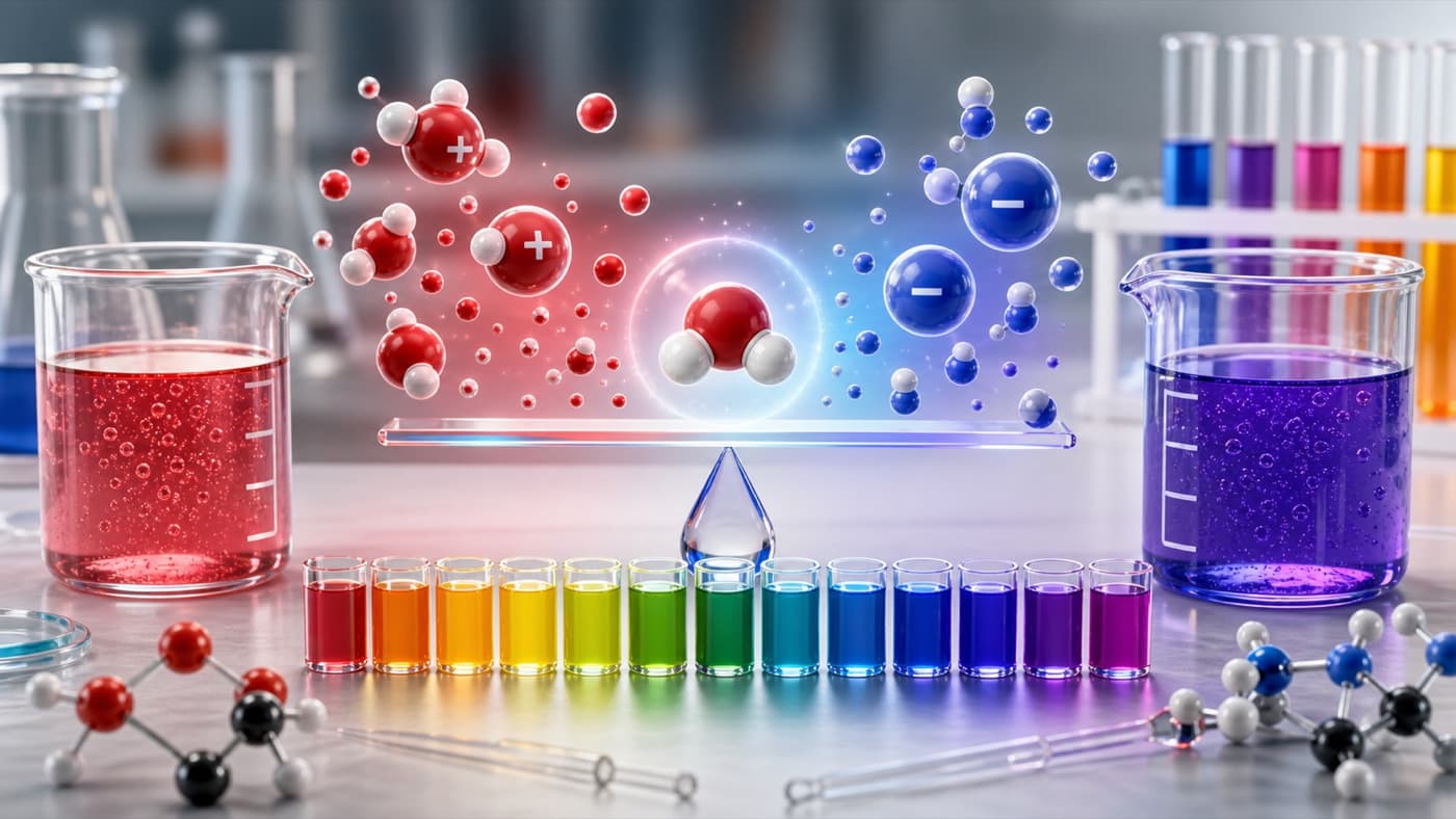 Acid and base chemistry illustration with beakers and indicator colors