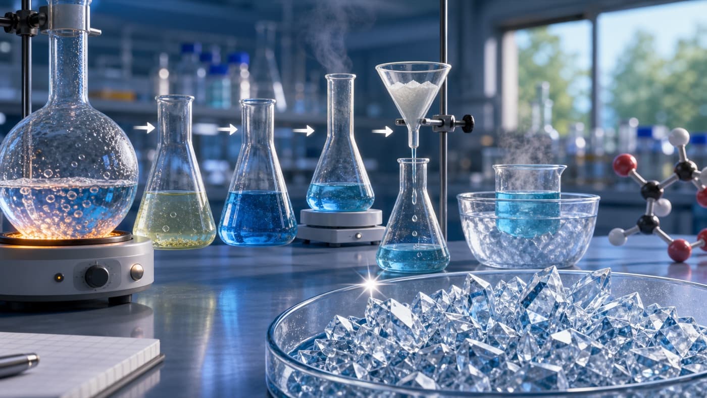 Recrystallization lab workflow with glassware, filtration, cooling bath, and crystals